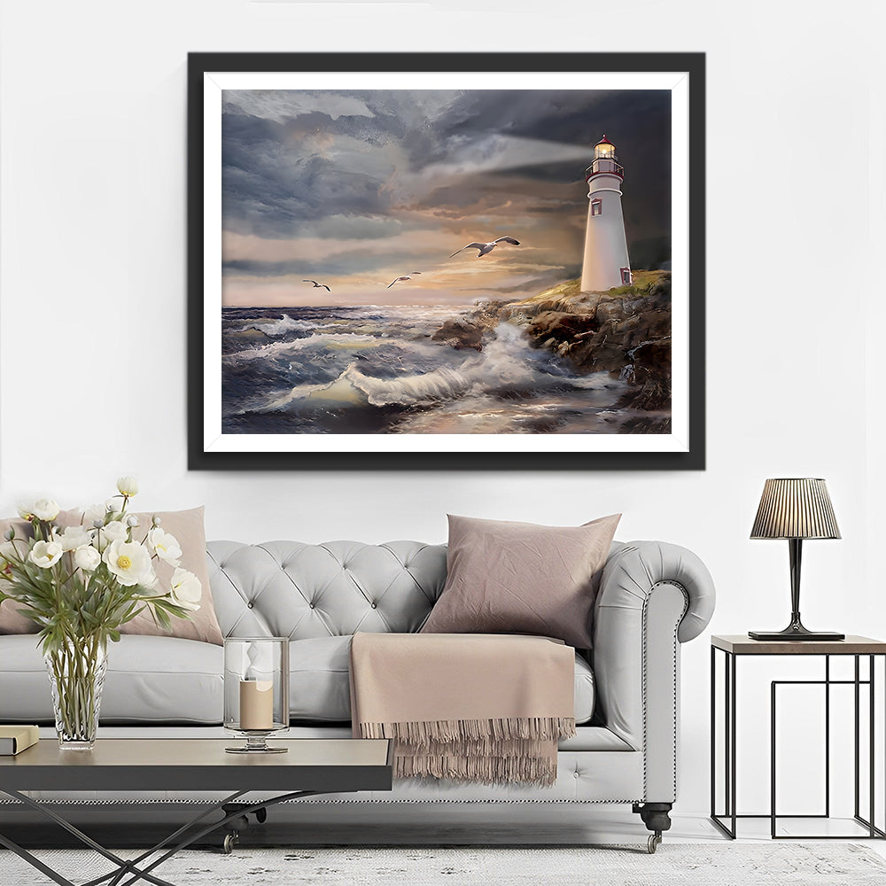 De Witte Vuurtoren en Meeuwen Diamond Painting