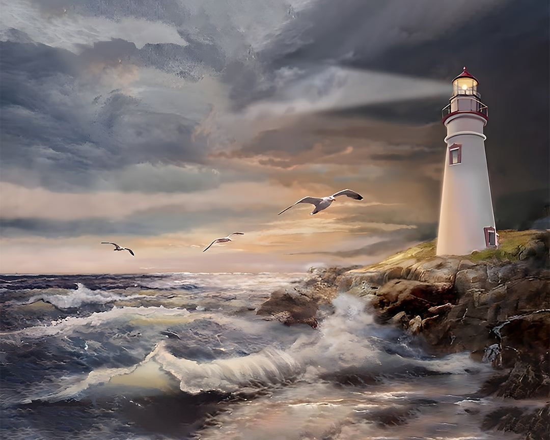 De Witte Vuurtoren en Meeuwen Diamond Painting