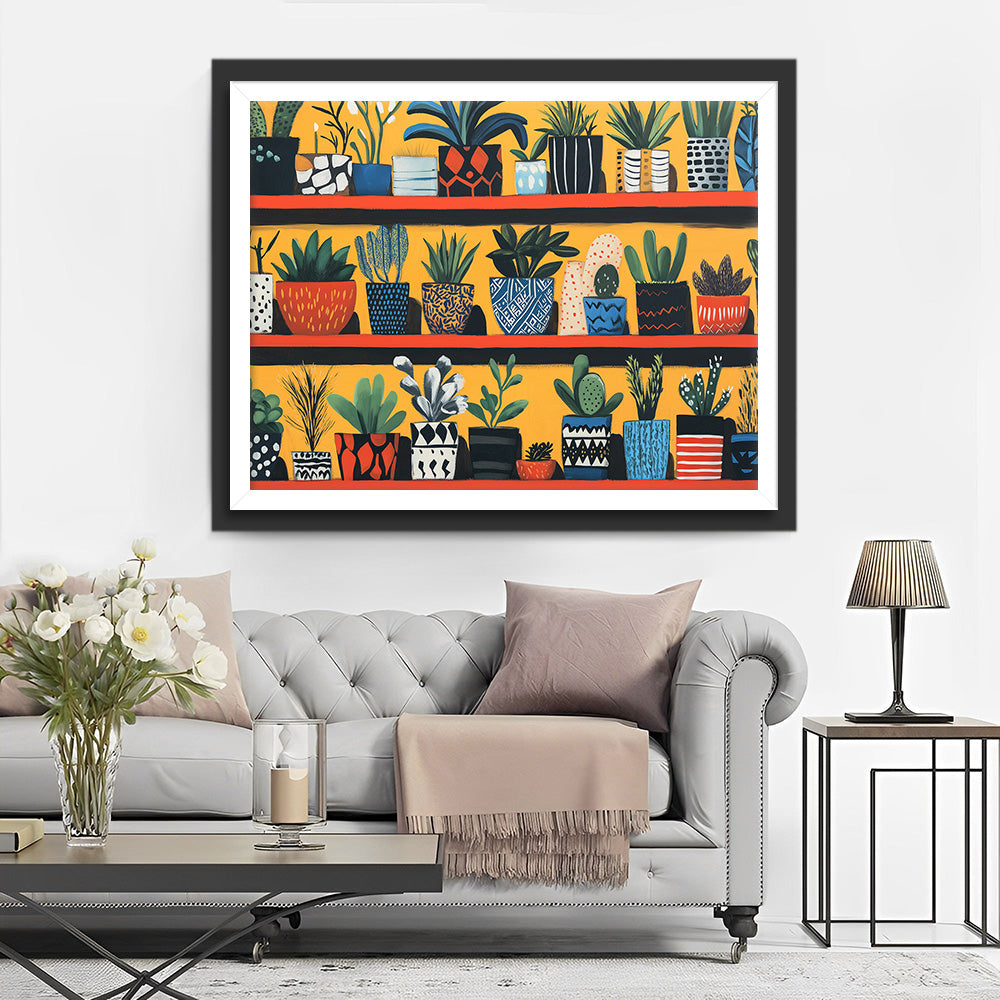 Diverse Groene Planten op de Plank Diamond Painting