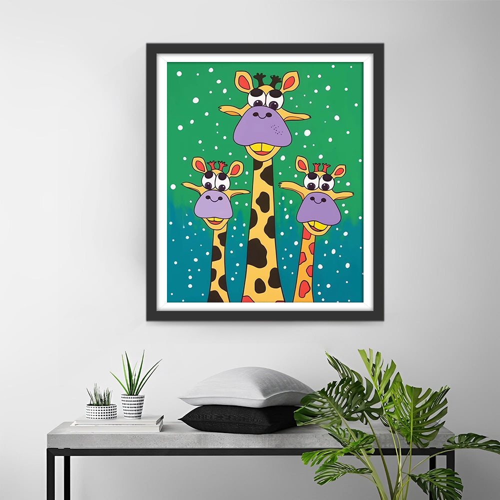 Drie Cartoon Giraffen in de Sneeuw Diamond Painting