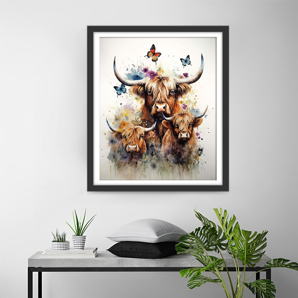 Drie Highland Cow's en Vlinders Diamond Painting