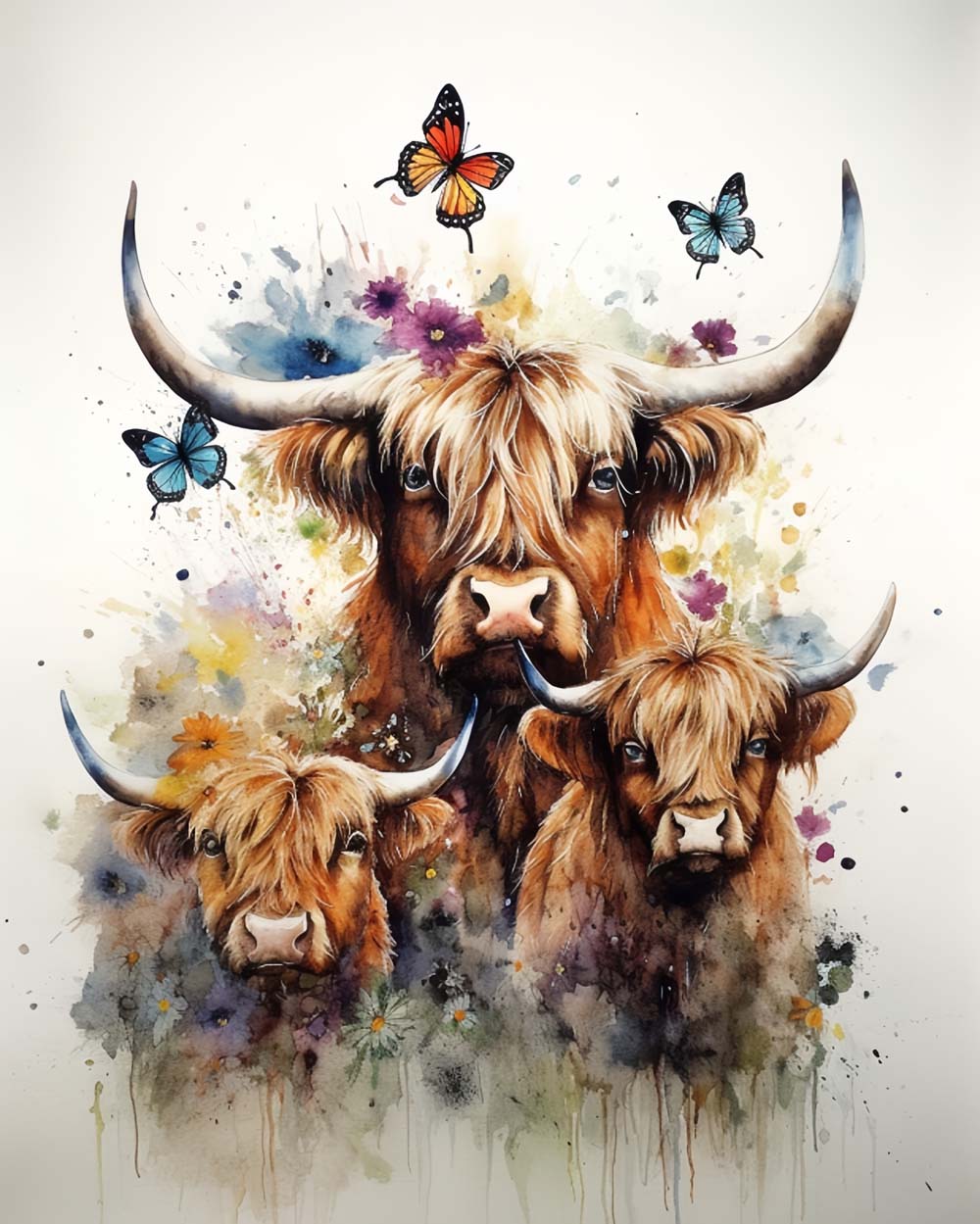 Drie Highland Cow's en Vlinders Diamond Painting