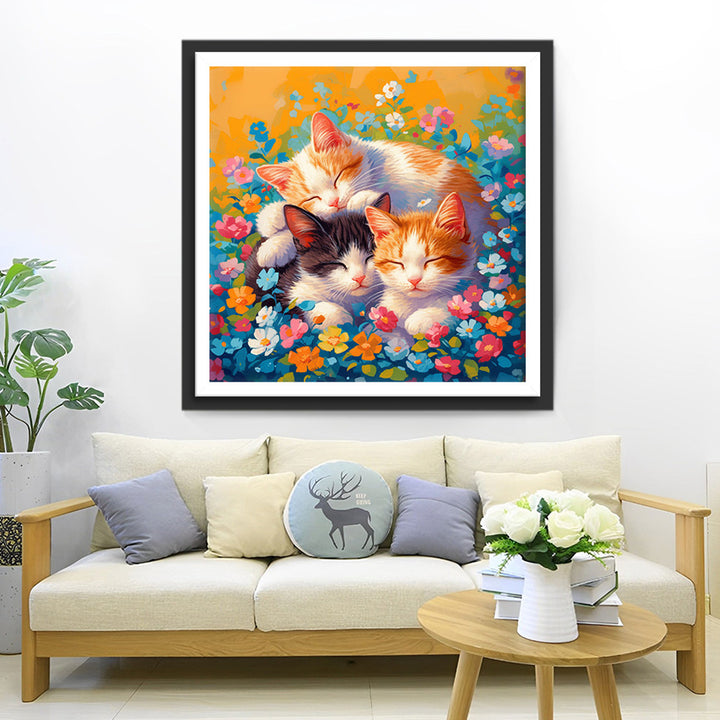 Drie Katten omringd door Bloemen Diamond Painting