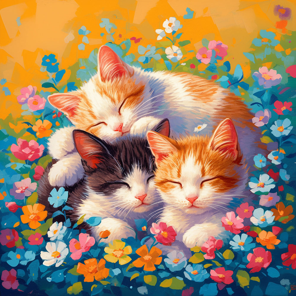 Drie Katten omringd door Bloemen Diamond Painting