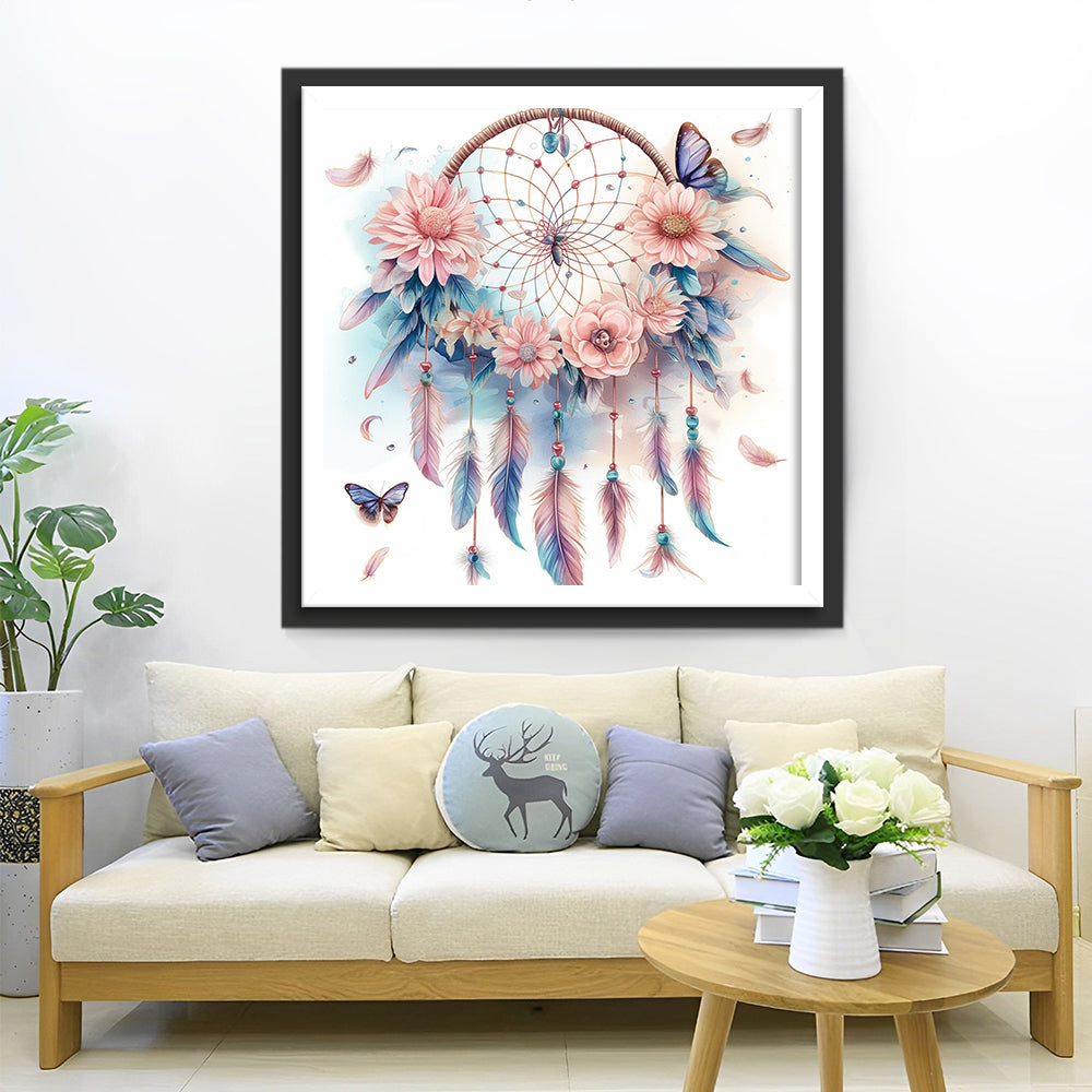 Dromenvanger met Roze Bloemen, Veren en Vlinders Diamond Painting