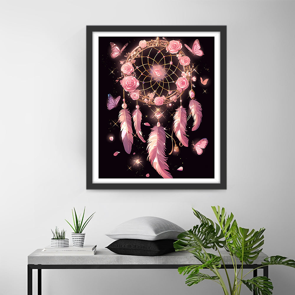 Dromenvanger met Roze Rozen en Veren Diamond Painting