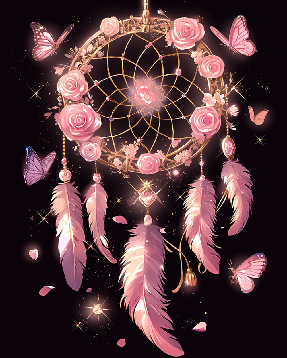 Dromenvanger met Roze Rozen en Veren Diamond Painting