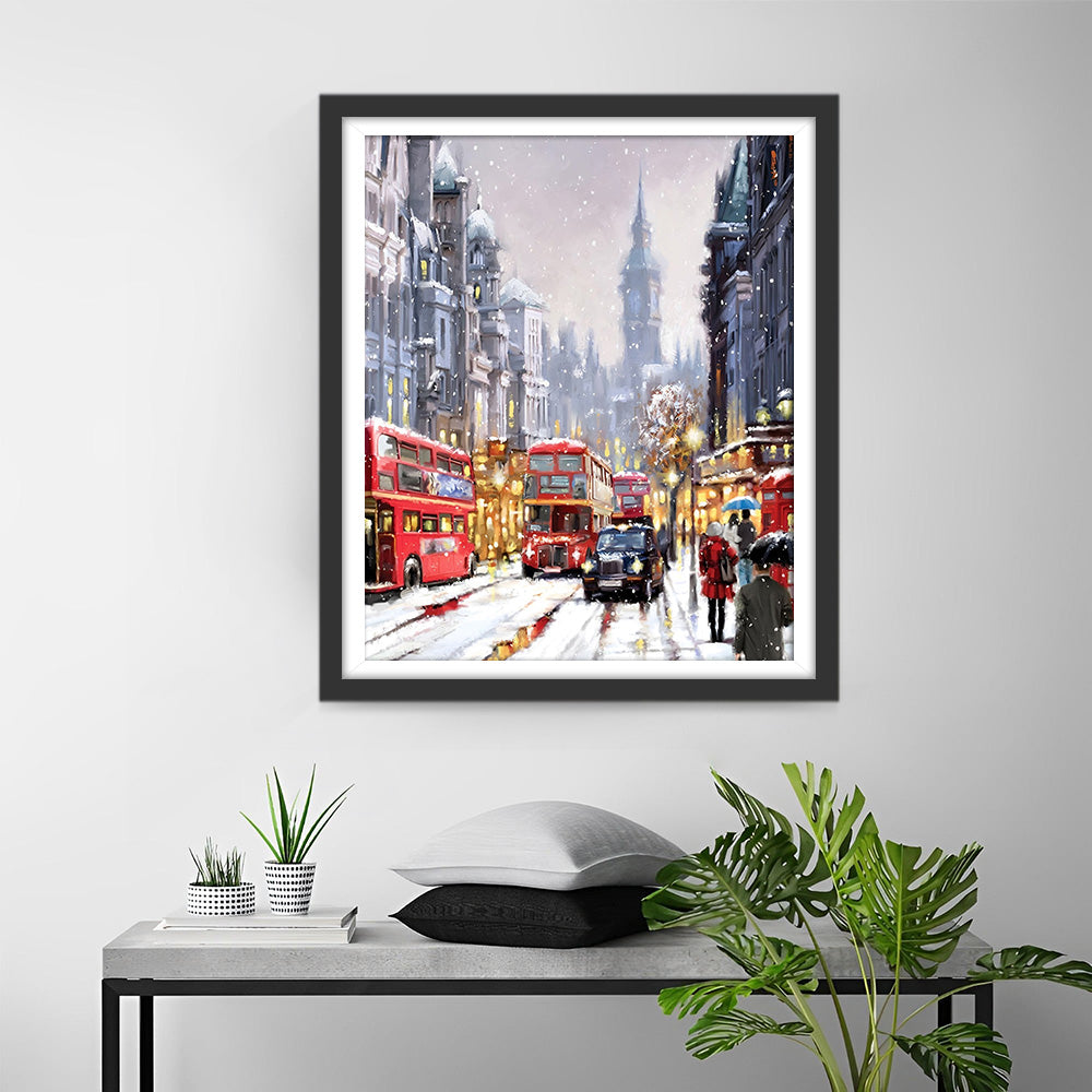 Drukke Stad in Zware Sneeuw Diamond Painting