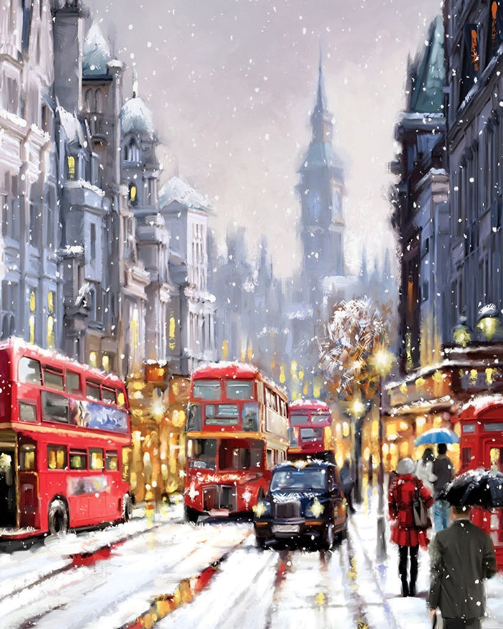 Drukke Stad in Zware Sneeuw Diamond Painting