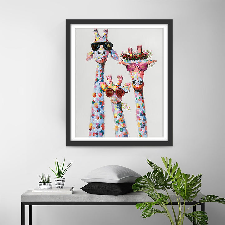 Een Familie van Drie Giraffen met Zonnebrillen Diamond Painting
