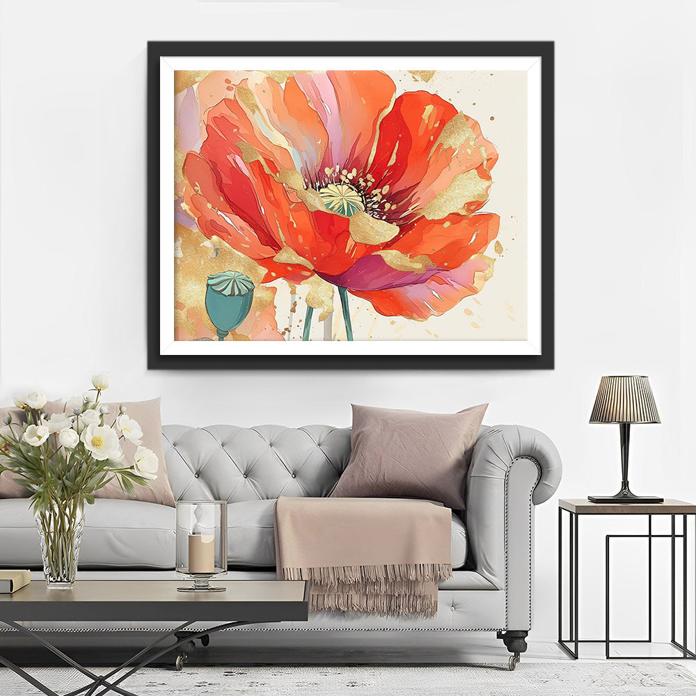 Een Rode en Gouden Klaproos Diamond Painting