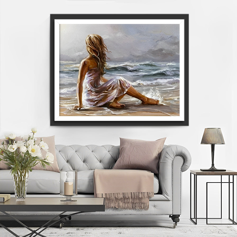 Een Vrouw Zit op het Strand Diamond Painting
