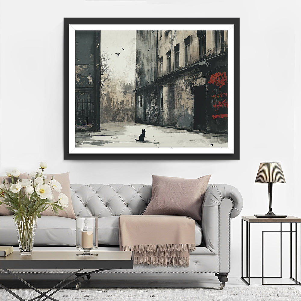 Eenzaam Gebouw en Zwarte Kat Diamond Painting