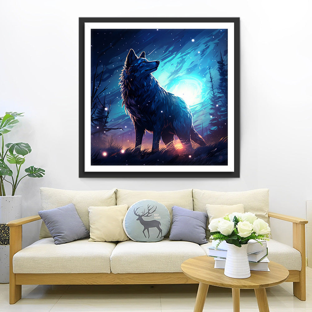 Eenzame Wolf Kijkt Achterom naar de Nachtelijke Hemel Diamond Painting