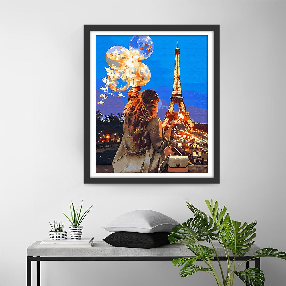 Eiffeltoren en Vrouw met Ballonnen Diamond Painting