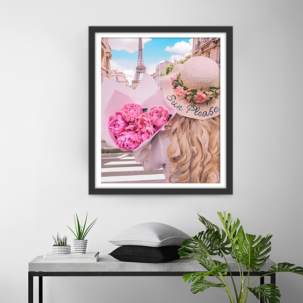 Eiffeltoren en Vrouw met Bloemen Diamond Painting