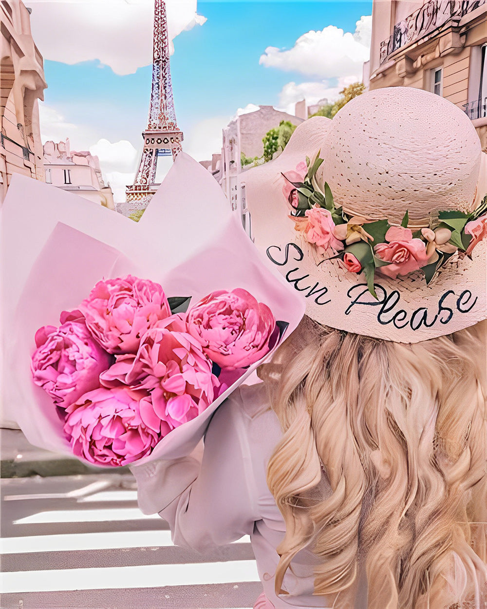 Eiffeltoren en Vrouw met Bloemen Diamond Painting