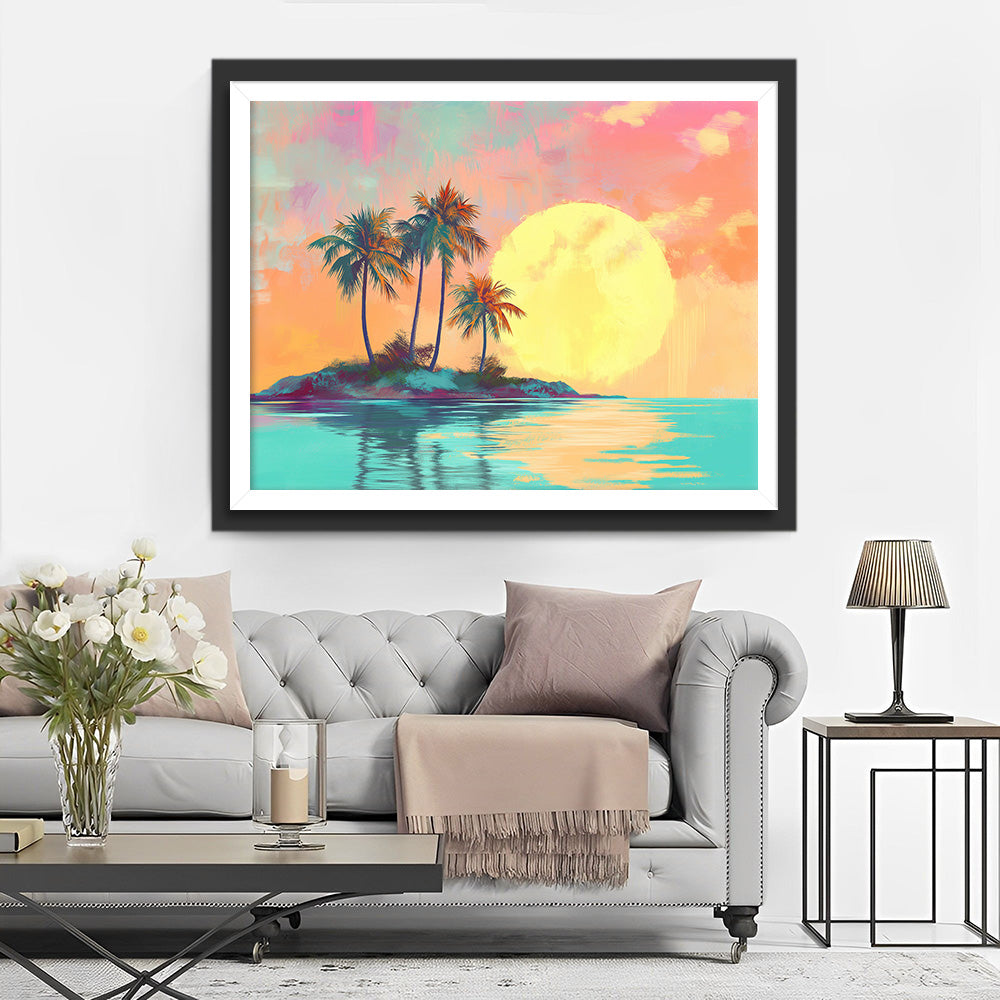 Eiland Kokospalmen bij Zonsopgang Diamond Painting