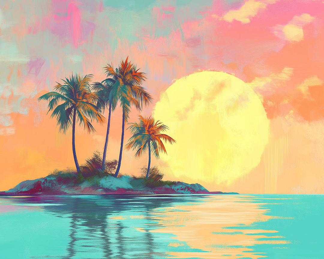 Eiland Kokospalmen bij Zonsopgang Diamond Painting