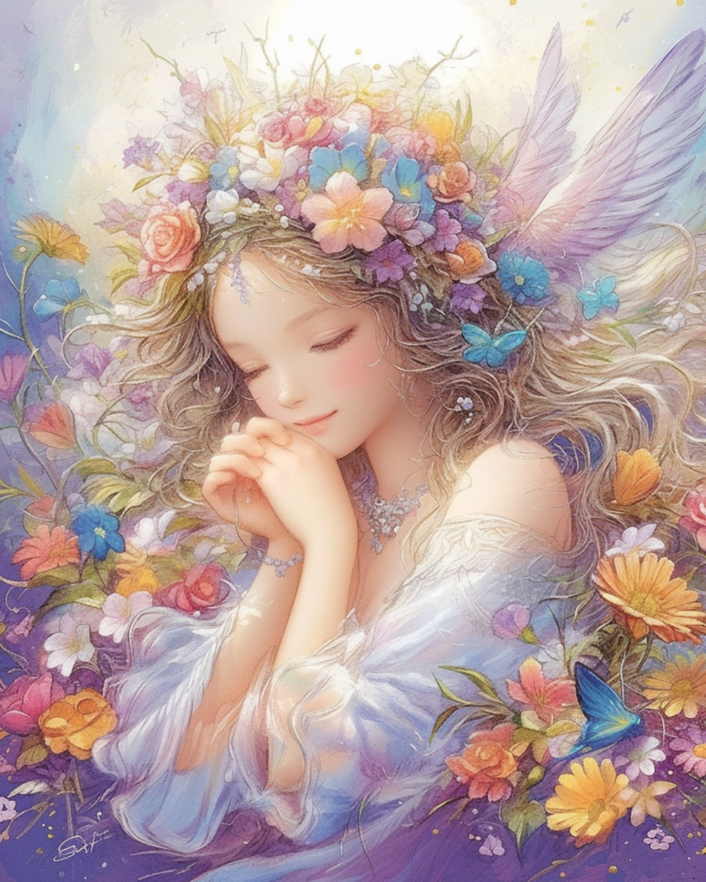 Engelmeisje en Bloemen Diamond Painting