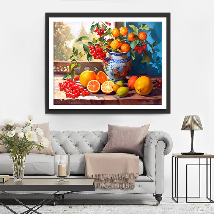 Frambozen en Sinaasappels op de Vensterbank Diamond Painting