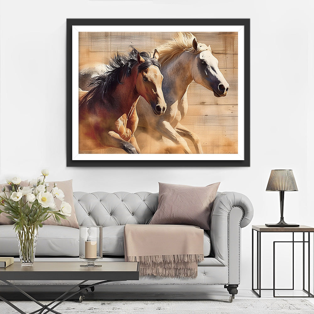 Galopperende Witte en Bruine Paarden Diamond Painting
