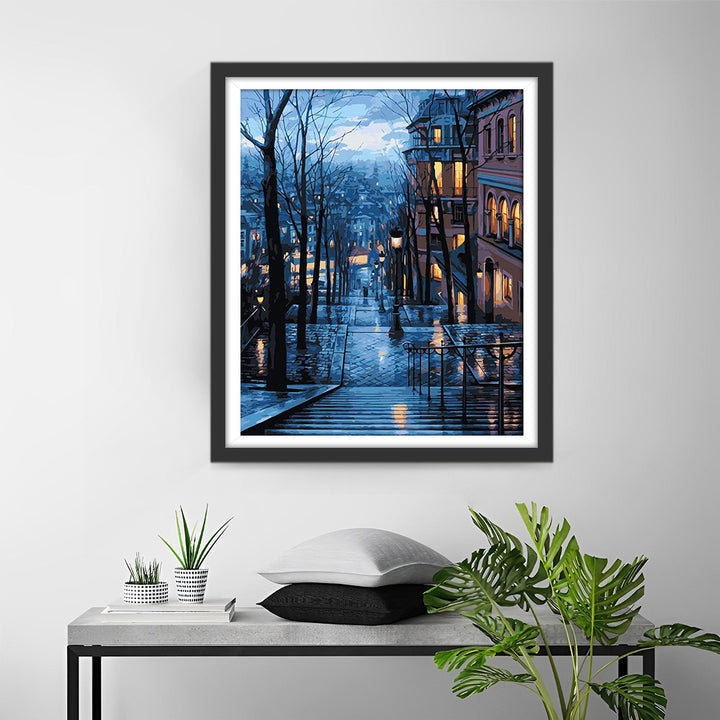 Gebouwen en Kale Bomen 's Nachts Diamond Painting