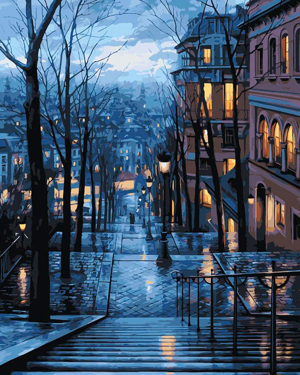 Gebouwen en Kale Bomen 's Nachts Diamond Painting