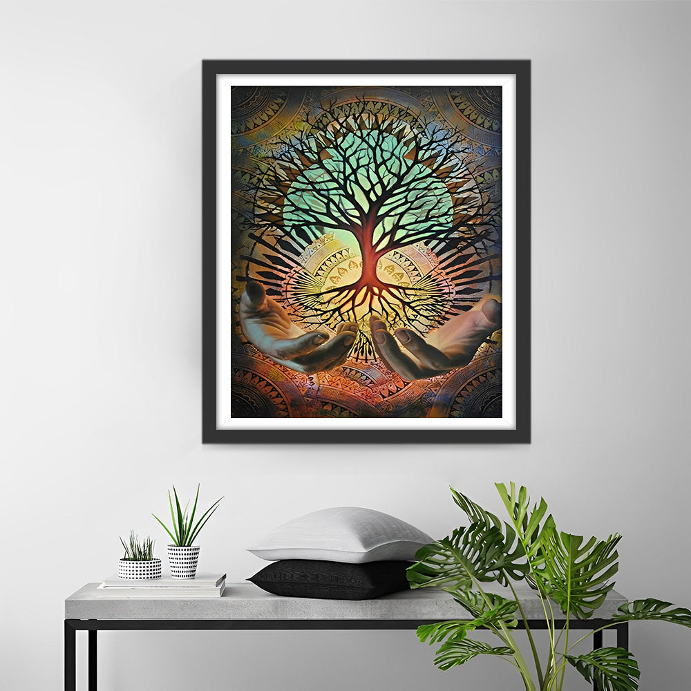 Gelden Boom van Geluk in de Hand Diamond Painting