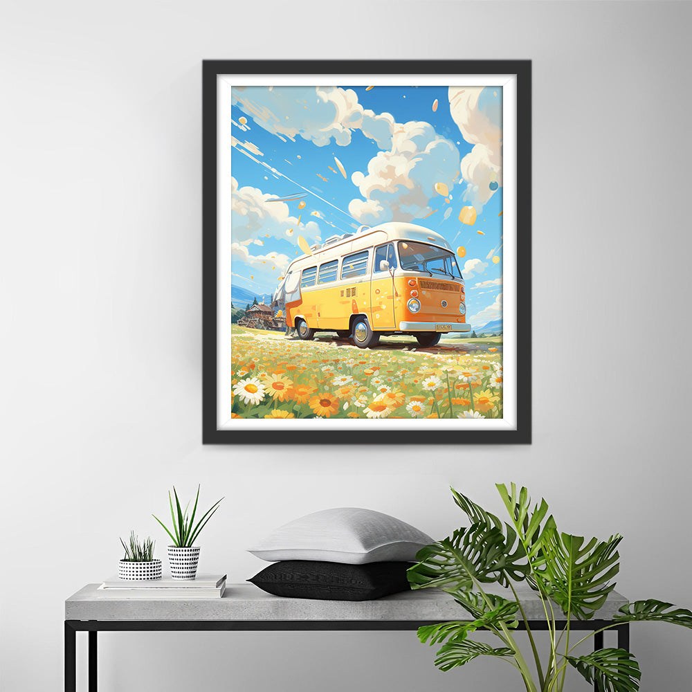 Gele Bus in het Chrysantenveld Diamond Painting