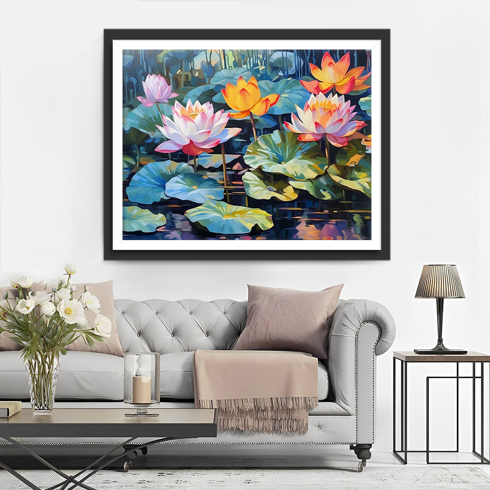 Gele en Roze Lotus in de Vijver Diamond Painting