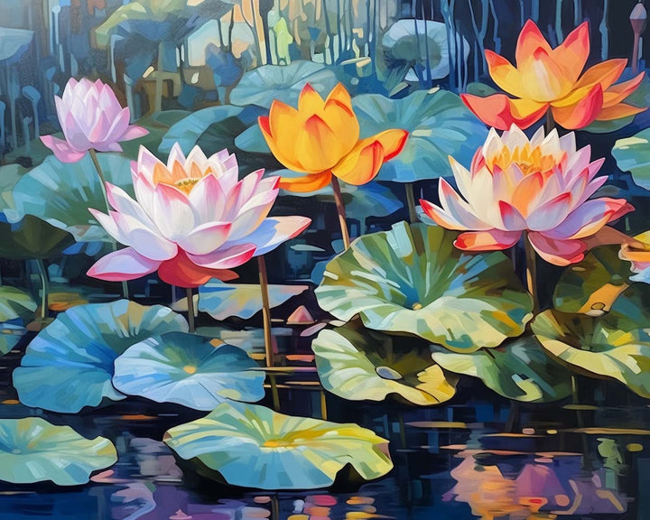 Gele en Roze Lotus in de Vijver Diamond Painting