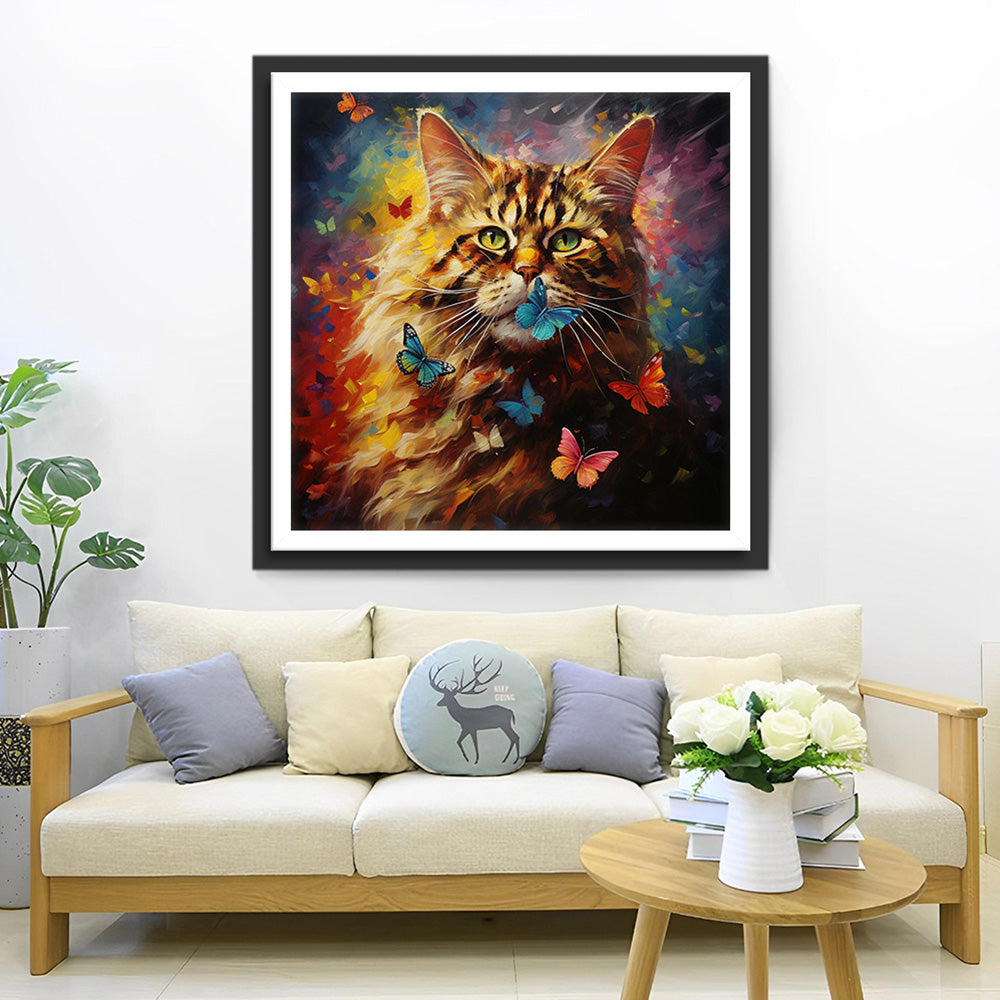 Gele Kat en Vlinders Diamond Painting
