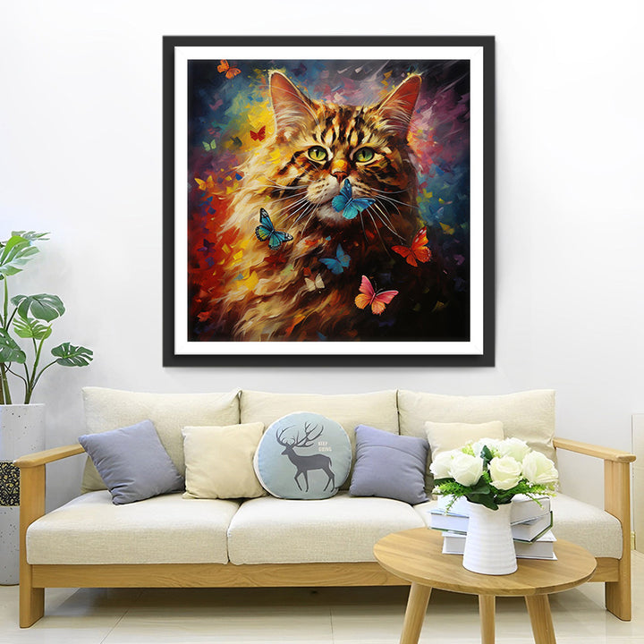 Gele Kat en Vlinders Diamond Painting