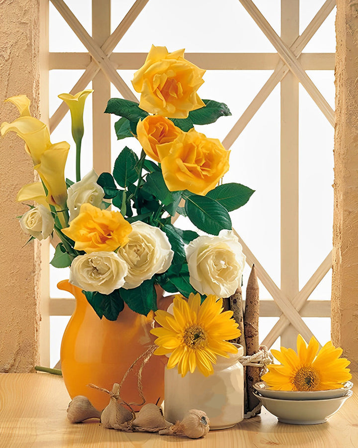 Gele Rozen en Zonnebloemen Diamond Painting