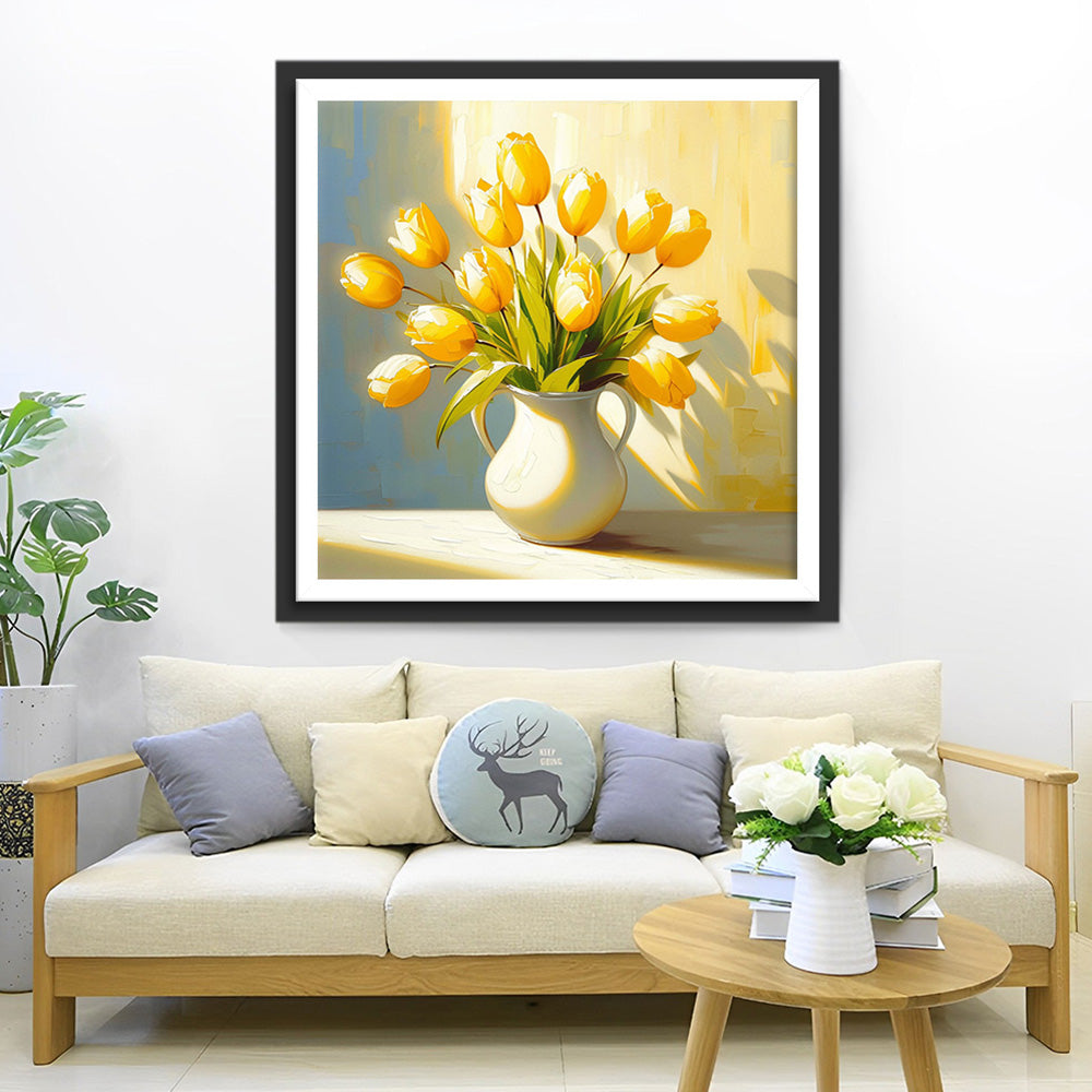 Gele Tulpen in Witte Vaas Diamond Painting