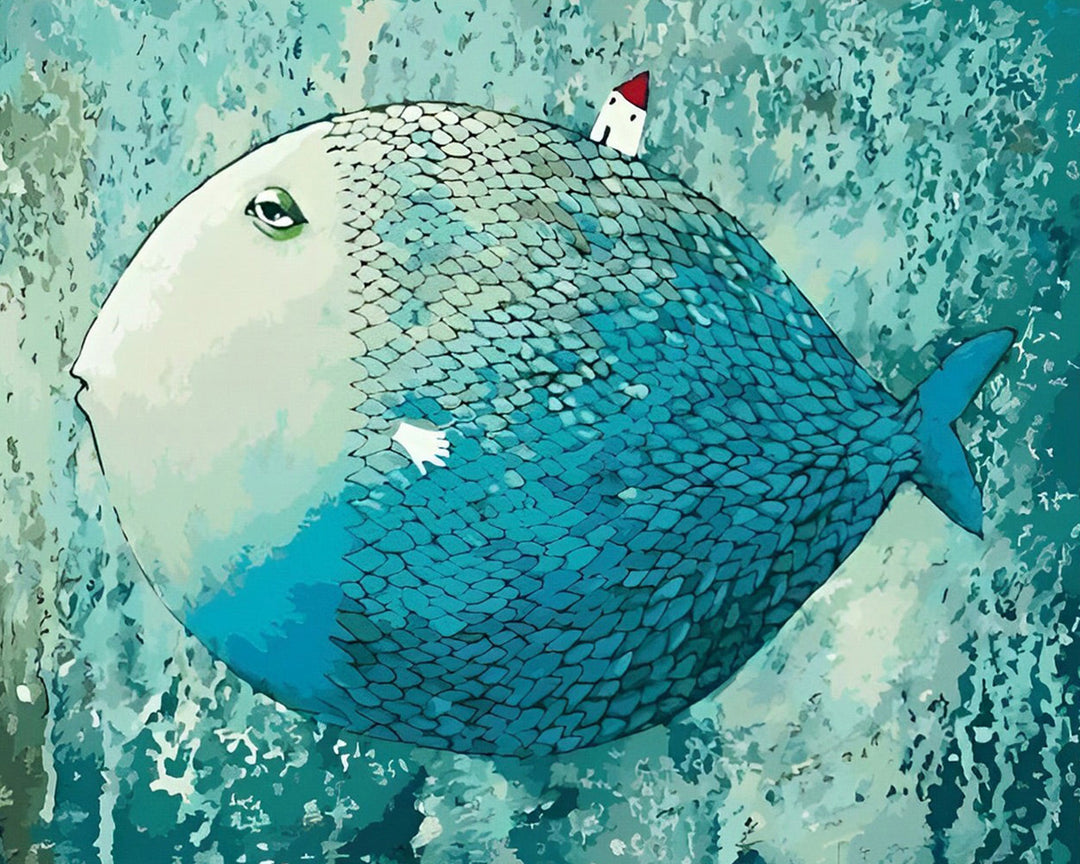 Gigantische Blauwe Vis en Klein Huis Diamond Painting