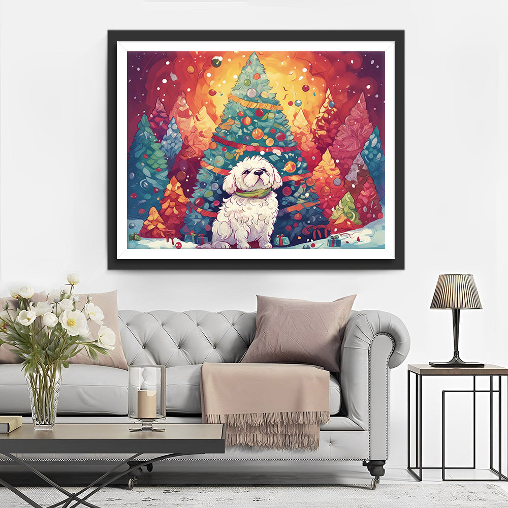Gigantische Kerstbomen en Witte Puppy Diamond Painting