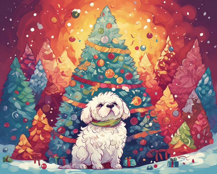 Gigantische Kerstbomen en Witte Puppy Diamond Painting