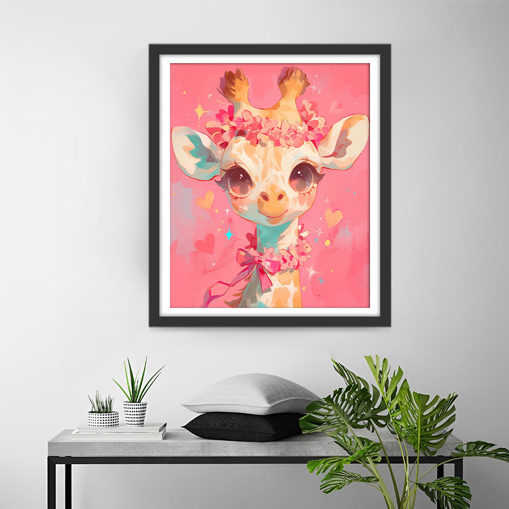 Giraf met Roze Bloemen op Roze Achtergrond Diamond Painting