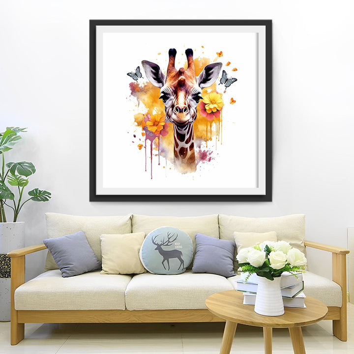Giraffe, Bloemen en Vlinders Diamond Painting
