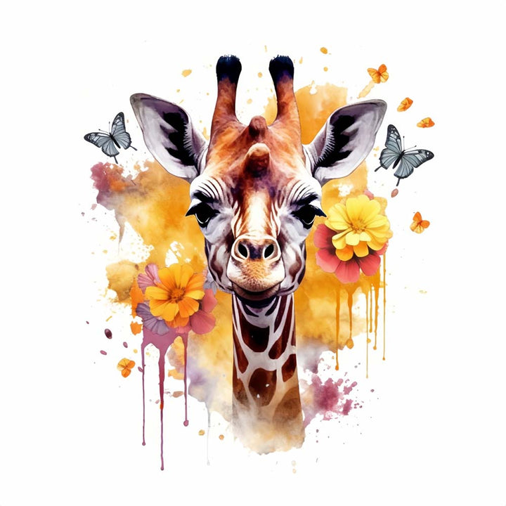 Giraffe, Bloemen en Vlinders Diamond Painting