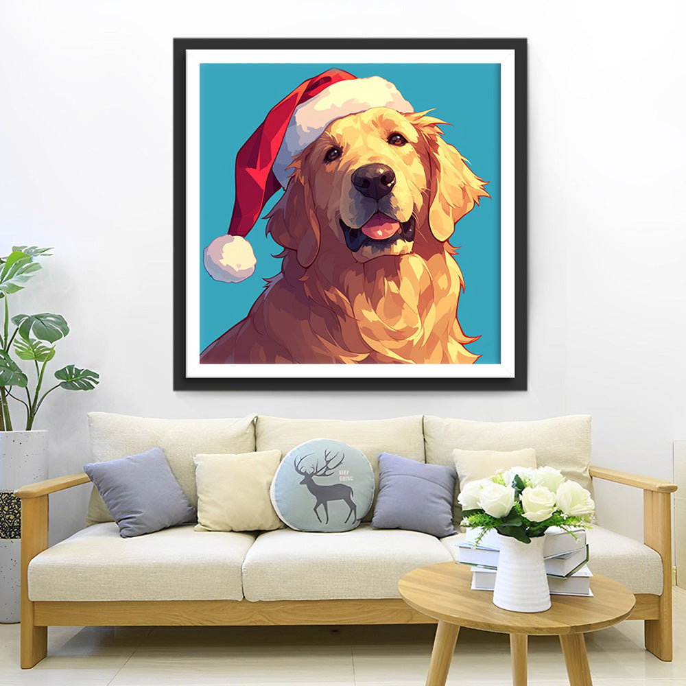 Golden Retriever met Rode Kerstmuts Diamond Painting