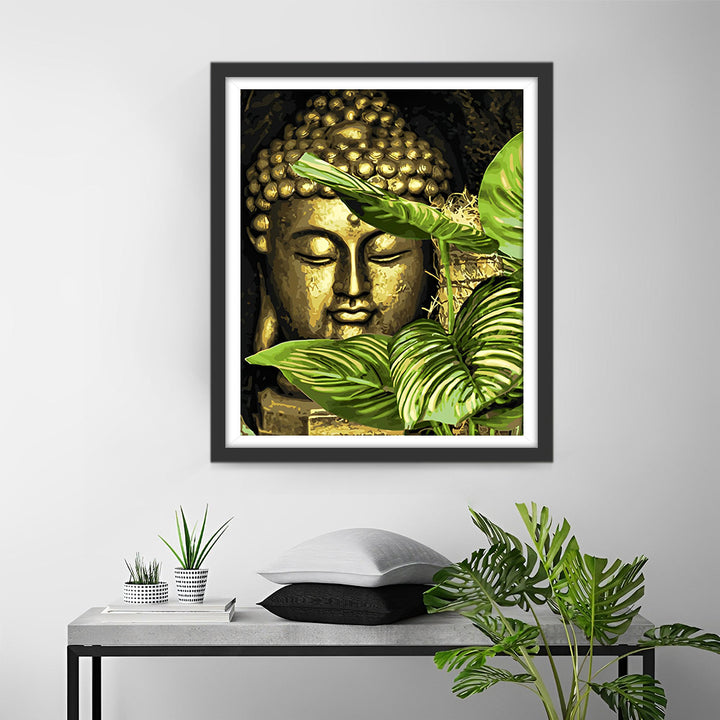 Gouden Boeddha en Groene Bladeren Diamond Painting