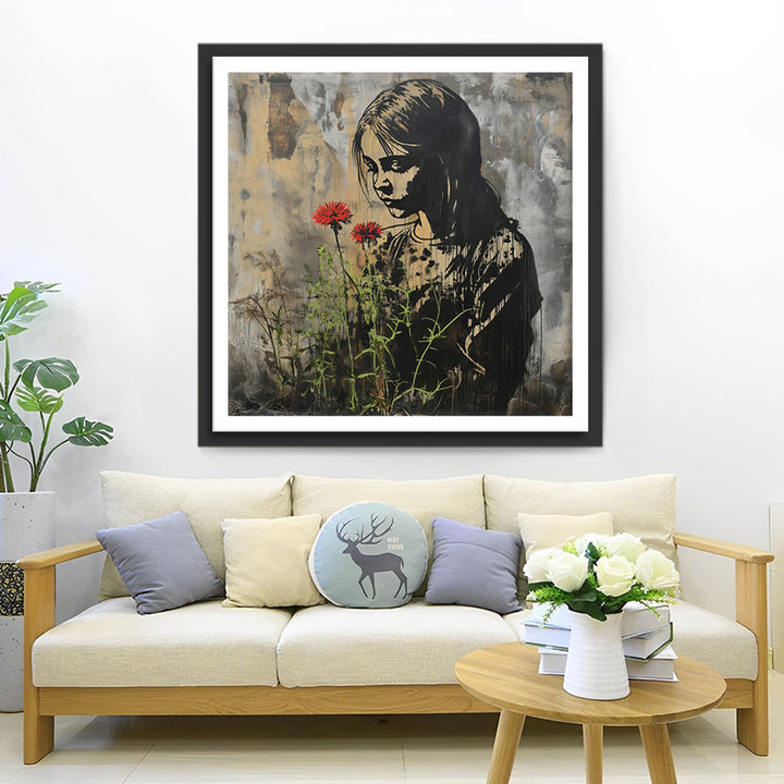 Graffiti Meisje en Rode Bloemen Diamond Painting