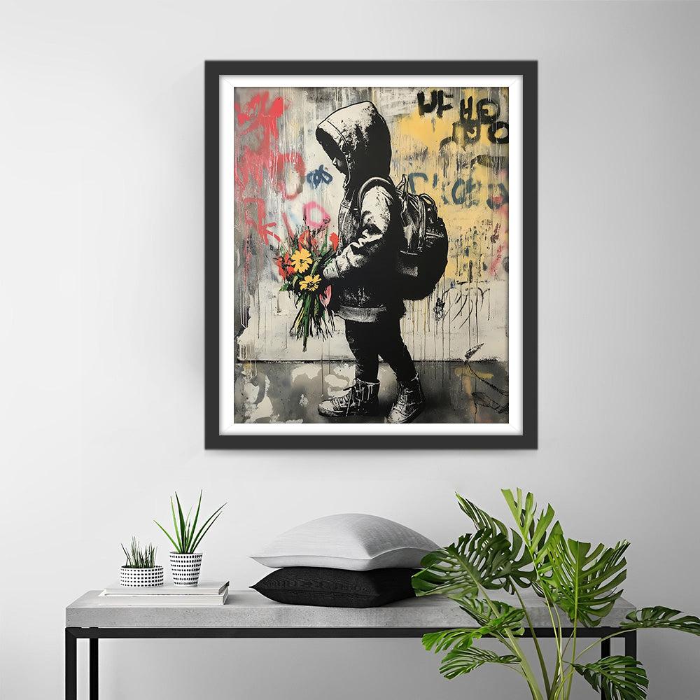Graffiti Stijl Jongen en Bloemen Diamond Painting