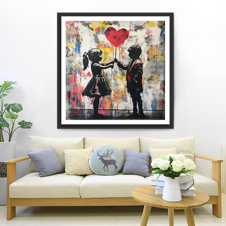 Graffiti van Jongen en Meisje met Hartballon Diamond Painting