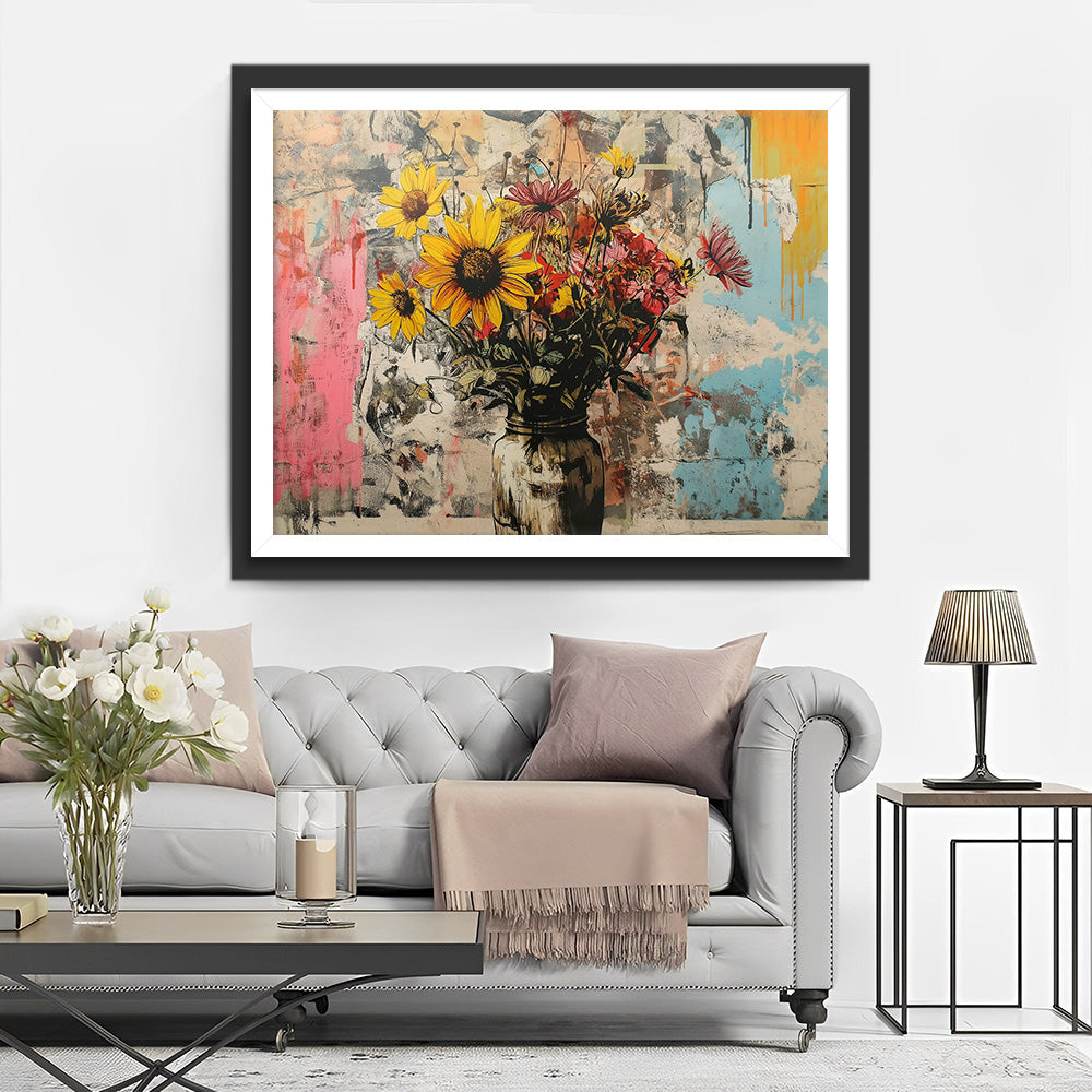 Graffiti van Zonnebloemen en Chrysanten Diamond Painting