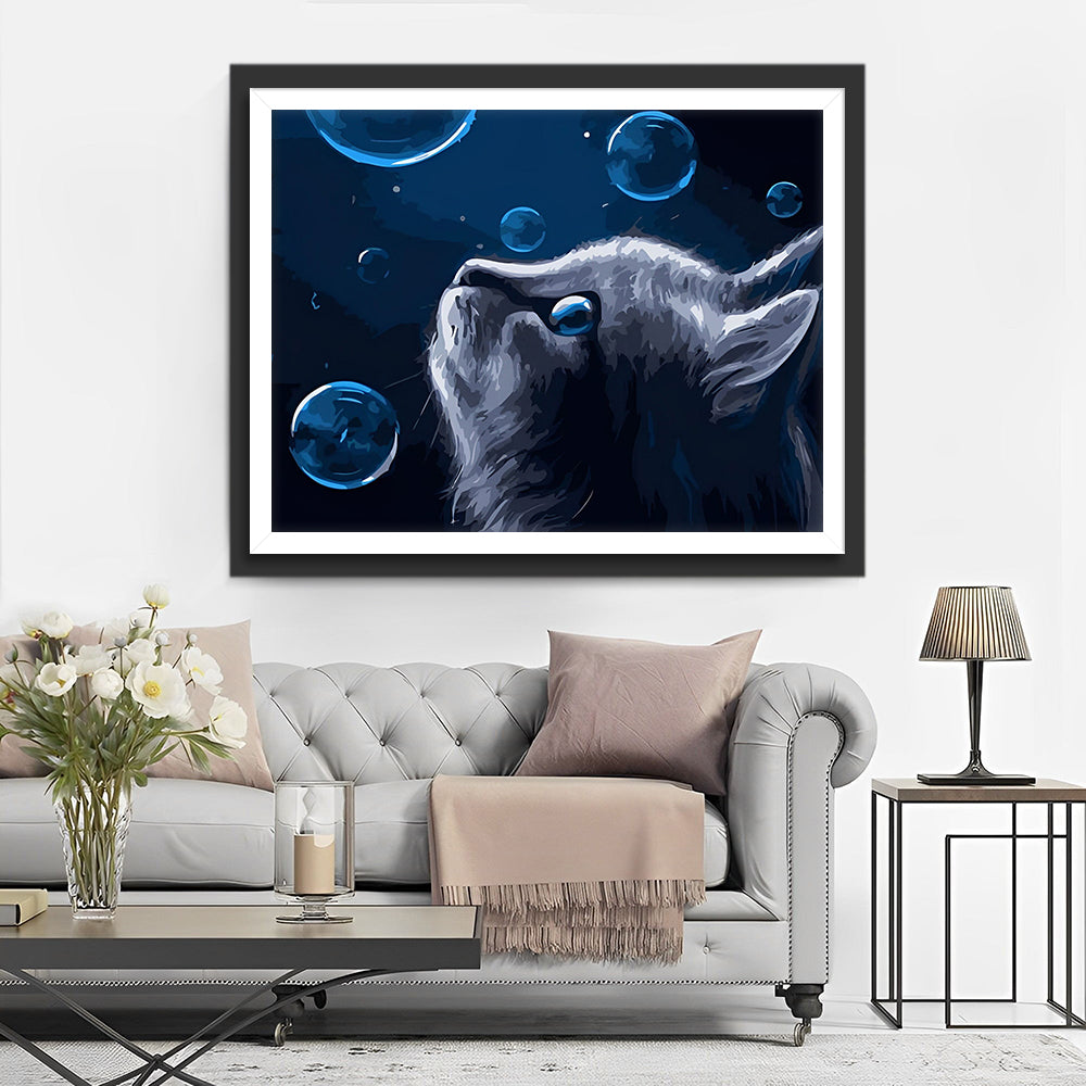 Grijze Kat en Bellen Diamond Painting