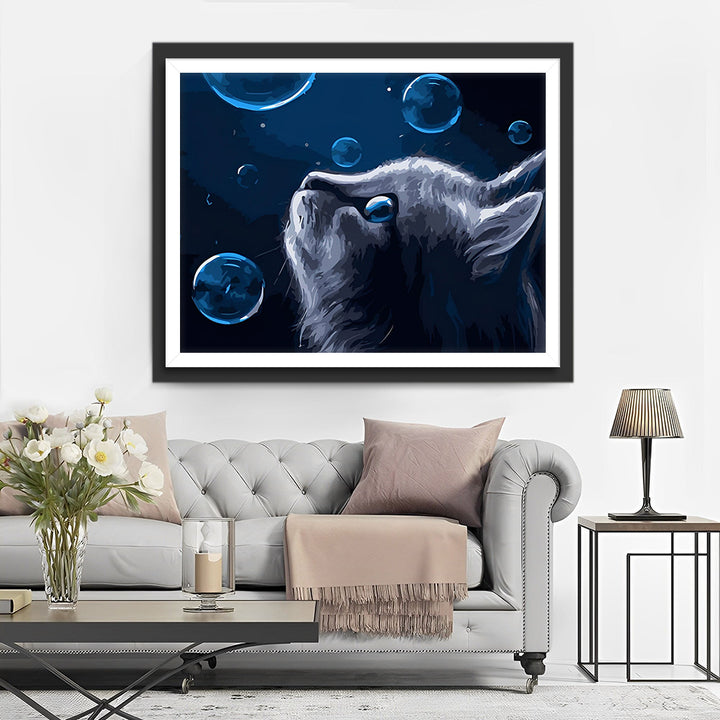 Grijze Kat en Bellen Diamond Painting